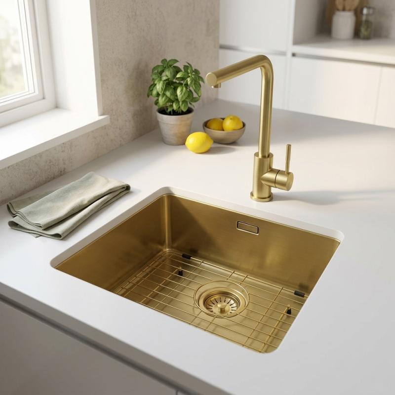 Pure.Sink Comfort PVD Gouden spoelbak 40x40 cm 10mm radius onderbouw, vlakbouw en opbouw PCM4040-60